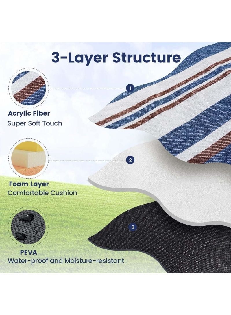 بطانية نزهة مخططة 200×200 سم، كبيرة، مقاومة للماء، قابلة للطي، لشاطئ، تخييم، سفر، متنزهات، أزرق وأبيض، أزرق وبني - Image 3